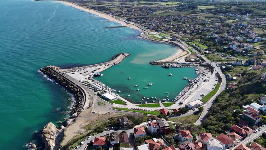 Istanbul karaburun coast and small marina for safety of boats with a beautiful colored water