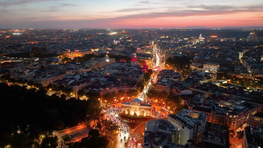 Aerial view of Puerta de Alcala, Parque de la independencia, Madrid, Spain Royalty-Free Stock Footage #1111188935