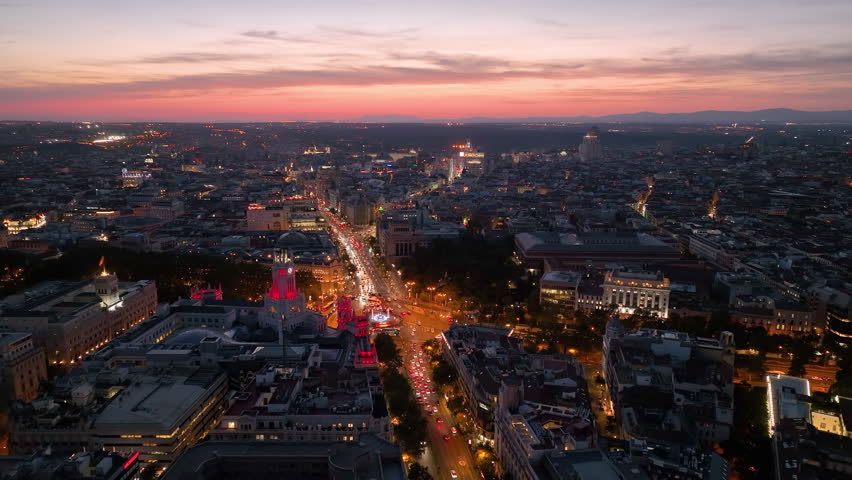 Aerial view of CentroCentro with red-lit tower in Madrid at night. center of the capital of Spain in night illumination.
