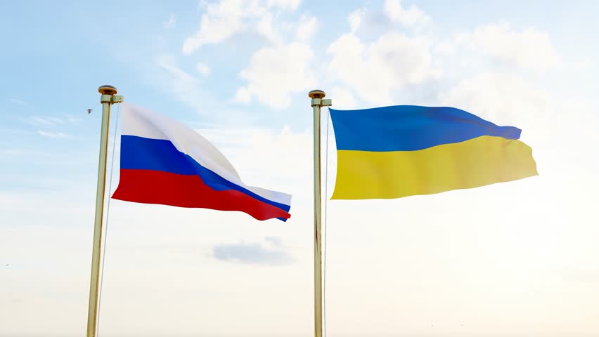 Ukraine and Russia flags waving together on blue sky, looped video. 4K ULTRA HD.  Royalty-Free Stock Footage #1111192759