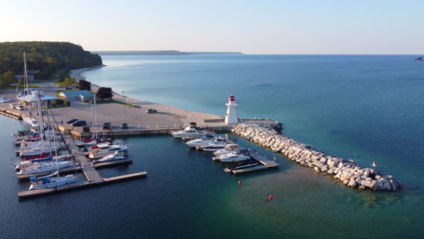 Drone view of boats docked in the harbor of Georgian Bay, Ontario, Canada. Dozens of birds fly in the sky.