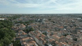 Cathedral of Saint-Louis and cityscape, La Rochelle, Charente Maritime in France. Aerial forward