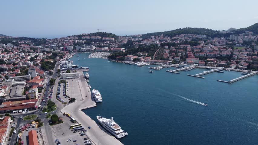 Boats pier and marina jetty quays at Port Gruz in Dubrovnik, Aerial