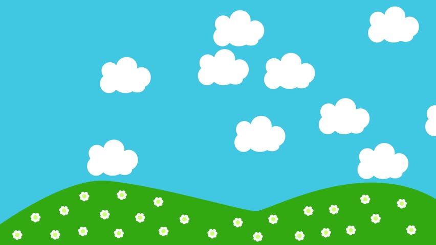 Small white clouds floating across the blue sky over a clearing with daisies. Beautiful weather. Simple graphics. Motion design
