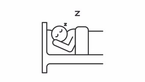 2D black thin line animation of person sleeping comfortable in bed icon, HD video with transparent background, seamless loop 4K video representing human behavior icon.