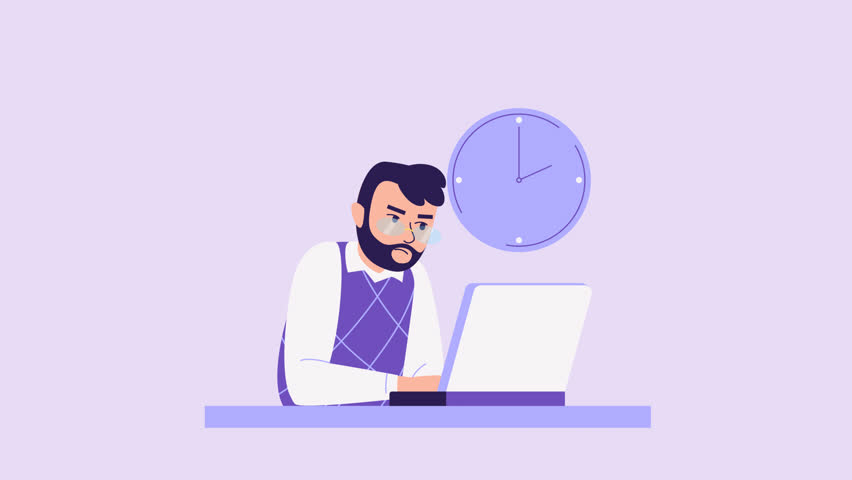 Man works at laptop and looks at clock animation. Deadline pressure, stressful job concept. stressed busy man, overworked. Time management and organization. 2D animated stock video, cartoon style
