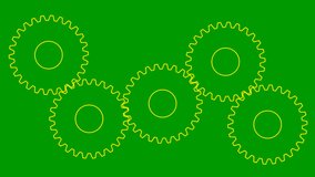 Animated yellow gears spin. Linear symbol. Looped video. Vector illustration isolated on green background. 
