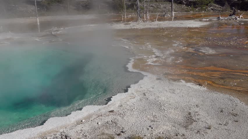 Crested Pool Geyser, Upper Geyser Basin, Yellowstone National Park, Wyoming, USA, pan right to left
