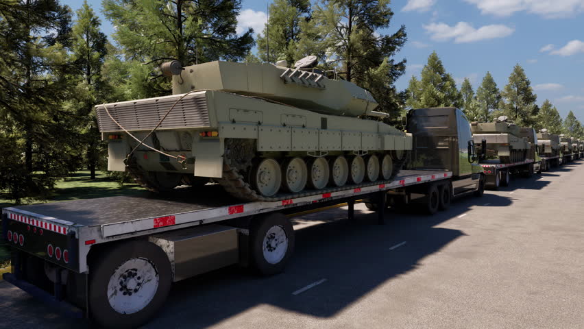 A convoy of military armored tanks on the back of flatbed trucks, waiting along the roadside for the authorization to proceed.