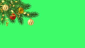 Looped animation of a green Christmas tree branch with Christmas balls, a garland and a serpentine on a transparent background. Decoration frame for New Year's videos.

