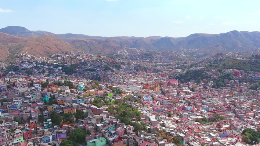 Mexico, Guanajuato: Aerial view of capital city of Mexican state of same name, Basílica Colegiata de Nuestra Señora de Guanajuato in city center - landscape panorama of Latin America from above