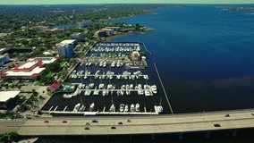 Aerial pan shot of Pier 22 Bradenton, Florida, USA. The area around Daytona Beach.