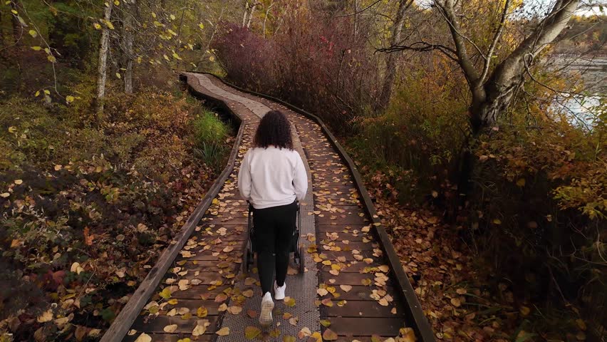 Mother walking with Stroller on Path at Deer Lake. Burnaby, BC Canada. Fall Season. Sunny Sunset. Slow Motion. High quality 4k footage