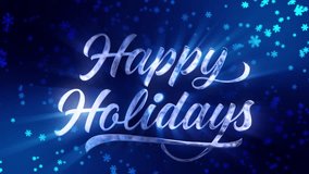 Happy holidays greetings whit white and silver text on blue background.Snow slowly falling in the background.rays of light interacting with the text and snow.Holidays concept. - Powered by Shutterstock - Get 15% off with code: PIKWIZARD15