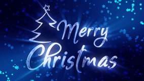 Merry Christmas greeting with white and silver text and Christmas tree on blue background.Snow slowly falling in the background.rays of light interacting with the text.christmas concept.happy holiday - Powered by Shutterstock - Get 15% off with code: PIKWIZARD15