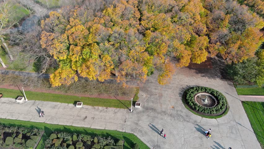 tilt aerial footage of a gorgeous autumn landscape at Grant Park and the vast blue waters of Lake Michigan with boats sailing on the water, blue sky and clouds in Chicago Illinois USA