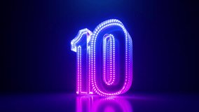 The neon glowing glass numbers spin and rotate, counting from ten to one. 3d VJ loop motion. Top ten countdown animation - Powered by Shutterstock - Get 15% off with code: PIKWIZARD15