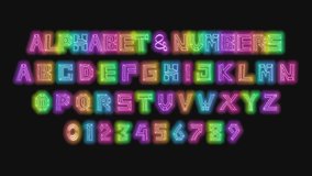 Animation Neon light colorful Alphabet and numbers. Neon Glowing Symbol on Black Background. Loopable 3D animation. Multicolor luxury neon lights for kids education visualization. 4K UHD resolution