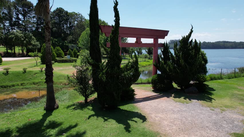 Aerial view of Parque da Cidade in the city of Jundiai, Sao Paulo, Brazil. Park with a dam
