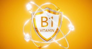 vitamin b1 inscription on a shield surrounded by orbiting atoms. vitamin b protection concept, 3d rendering thiamine