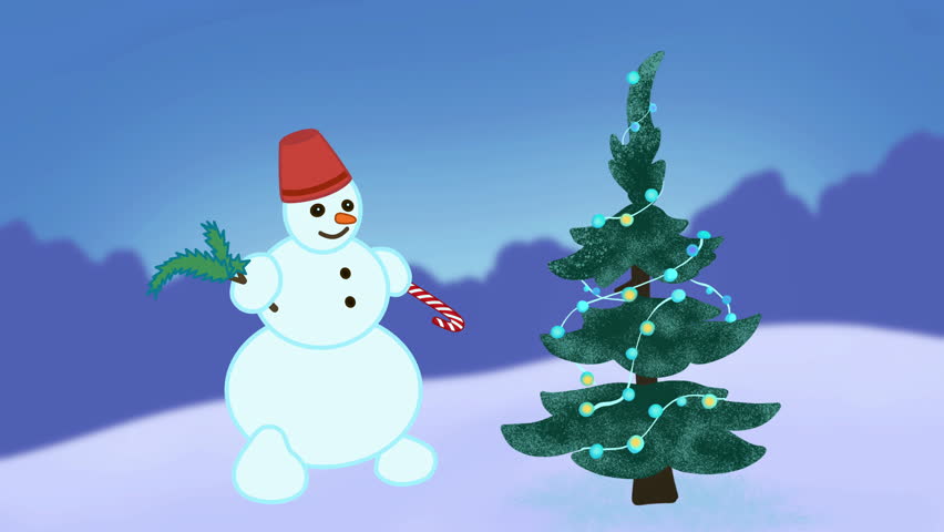 Happy snowman with fir tree and candy cane dancing near shiny lights of Christmas tree on snow at forest. Christmas background for children. Cartoony 2d animation. Animated cartoon. Film grain pixel.  - Powered by Shutterstock - Get 15% off with code: PIKWIZARD15