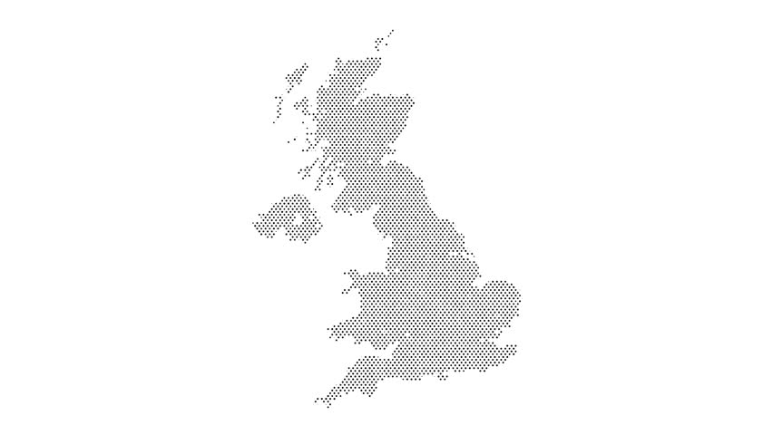 England map from particles, dots. Digital silhouette United Kingdom. Abstract animation background.