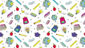 School Education Concept Animated Motion Pattern. School Pattern. Back to school texture Learning Stationary and educational elements Wallpaper 4k video design of isolated pattern background template 
