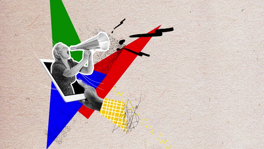 Woman peeking out tablet screen and shouting in megaphone. Information spreading, news and propaganda. Stop motion, animation. Creative design. Concept of modern technologies, surrealism. Banner