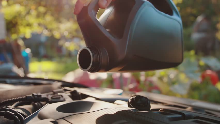 pouring motor oil into the engine against the backdrop of the sun. Additives and tolerances in motor oil, close-up. Slow motion, industry Royalty-Free Stock Footage #1111232209