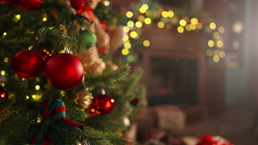 Christmas room. Christmas tree decorated with lights and toys burning fireplace and gifts. Magical night on Christmas Eve. Room decorated for holiday. Concept of celebration magic and inspiration - Powered by Shutterstock - Get 15% off with code: PIKWIZARD15