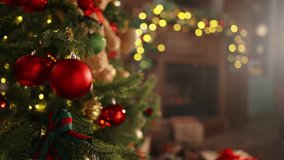 Christmas room. Christmas tree decorated with lights and toys burning fireplace and gifts. Magical night on Christmas Eve. Room decorated for holiday. Concept of celebration magic and inspiration - Powered by Shutterstock - Get 15% off with code: PIKWIZARD15