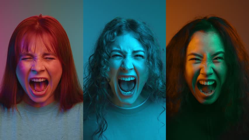 Multi Screen of Women Portraits Looking at Camera and Screaming in Neon Studio Color. Various Individual People Shouting Together in Multiscreen Headshot Montage. Split 20s Faces in Fury and Hate Rage | Shutterstock HD Video #1111233915