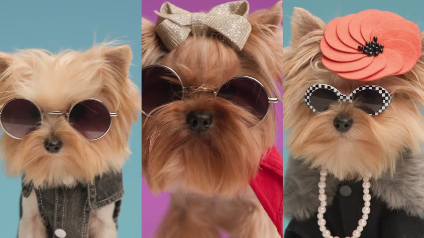 Video montage of cool fashion Yorkshire terrier puppies with sunglasses and different types of headbands and hats wearing jackets and necklaces and looking forward | Shutterstock HD Video #1111235201