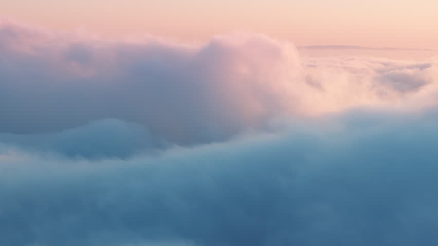 Cinematic breathtaking fresh clean air in sunset skies on background. Paradise concept, nature landscape video. aerial flying above swirling pastel pink and blue fluffy clouds high in heavenly sky 4K Royalty-Free Stock Footage #1111236017