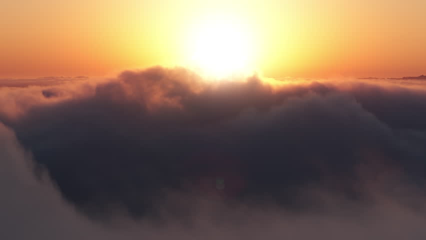 Cinematic breathtaking aerial flying above rose golden fluffy clouds high in heavenly sky with glowing sun, clean air and sunset skies on background. Heaven paradise concept, nature landscape footage Royalty-Free Stock Footage #1111236019