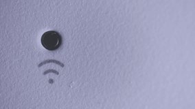 Wifi router light blinking, turning on white 4g wlan modem for internet connection, macro detail of design device for corporate video