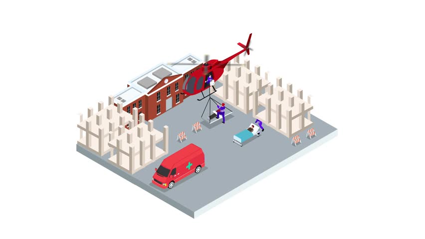 Medics saves man and rush it to hospital from a construction site  isometric 3d vector animation cartoon