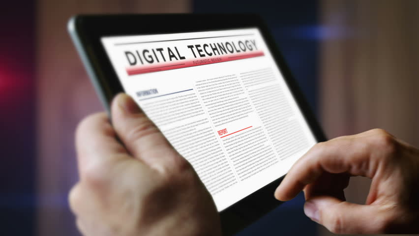 AI revolution artificial intelligence technology innovation daily newspaper reading on mobile tablet computer screen. Man touch screen with headlines news abstract concept 3d. Royalty-Free Stock Footage #1111238965