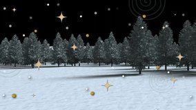 Animation of merry christmas text and snow falling over winter scenery. Christmas, festivity, celebration and tradition concept digitally generated video.