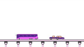 Moving vehicles highway bridge line 2D object animation. Elevated road with riding cars flat color cartoon 4K video, alpha channel. Transport traffic, speedway animated item on white background
