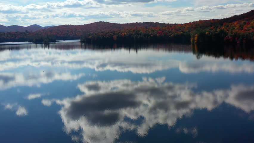 Aerial view of Fall (Autumn) foliage around Long Lake in New York.