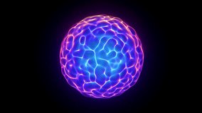 Ultraviolet glowing 3D sphere with waving pixelated AI brain-like surface rotates on black background. Abstract visualization of artificial intelligence or big data. Looped video of biological cell