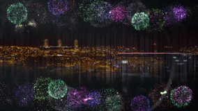 Animation of happy new year text and confetti over fireworks on black background. New year, new year's eve, celebration and tradition concept digitally generated video.