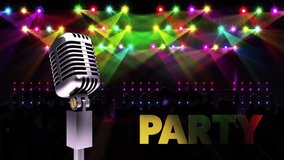 Animation of party text and retro microphone at party with lights on black background. New year, new year's eve, celebration and tradition concept digitally generated video. - Powered by Shutterstock - Get 15% off with code: PIKWIZARD15