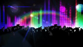 Animation of party text and people dancing at party with lights on black background. New year, new year's eve, celebration and tradition concept digitally generated video.