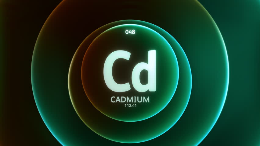 Cadmium as Element 48 of the Periodic Table. Concept animation on abstract green orange gradient rings seamless loop background. Title design for science content and infographic showcase backdrop.