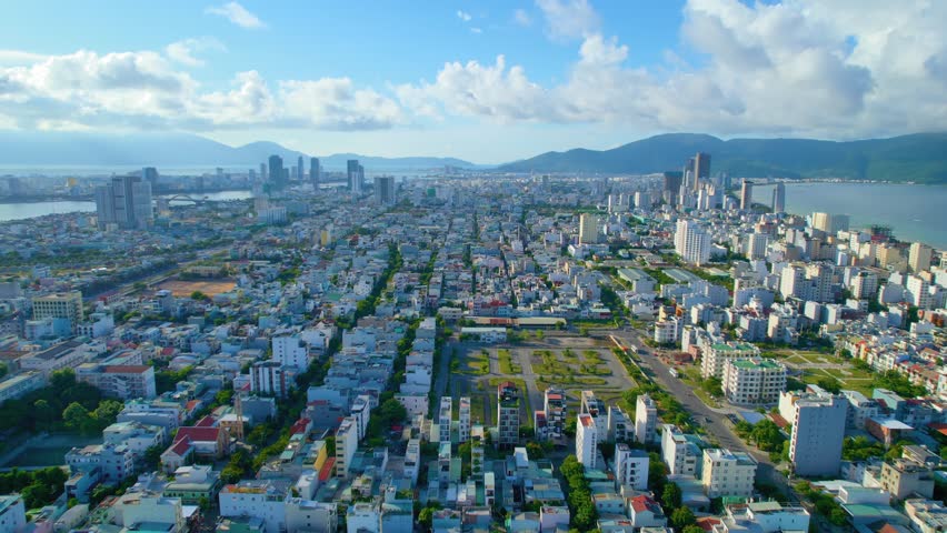 Aerial Establishing Shot Urban Vietnamese Cityscape Son Tra, Da Nang, Vietnam