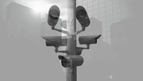 Animation of cctv cameras and data processing over city. Global surveillance, computing, digital interface and data processing concept digitally generated video.