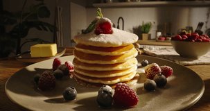 Pancake essence of American traditional breakfast. No people. Advertising. Healthy eating with gluten-free, sugar-free recipes food options. Guilt-free cheat meal, balance between taste and wellness.