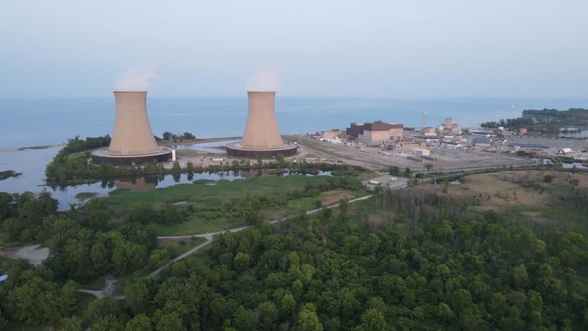 Enrico Fermi II Nuclear Power Plant, Michigan, USA, aerial drone view